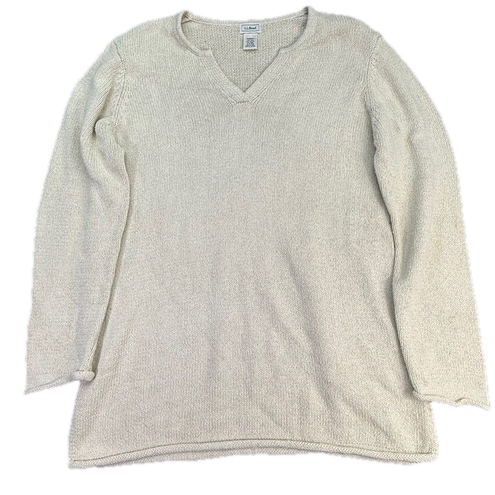 LL Bean Sweater Womens XL Beige Silk Cotton Blend V-Neck Long Sleeve Knit Top